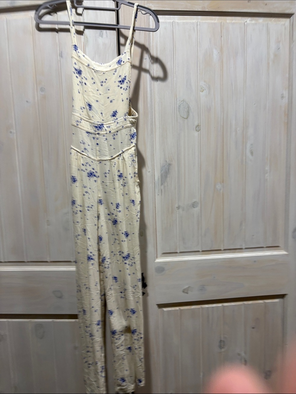 Free People Sleeveless Cream Floral Bib Jumpsuit with Blue Printr